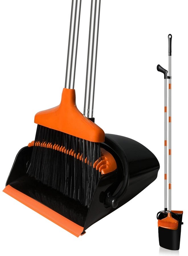 GRAREND Broom and Dustpan Set for Home, Upright 55" Broom and Dustpan Combo with Long Handle, Lobby Broom Sweeping for House Kitchen Room Office Indoor Floor Cleaning Supplies Housewarming Gift-Orange - Image 1